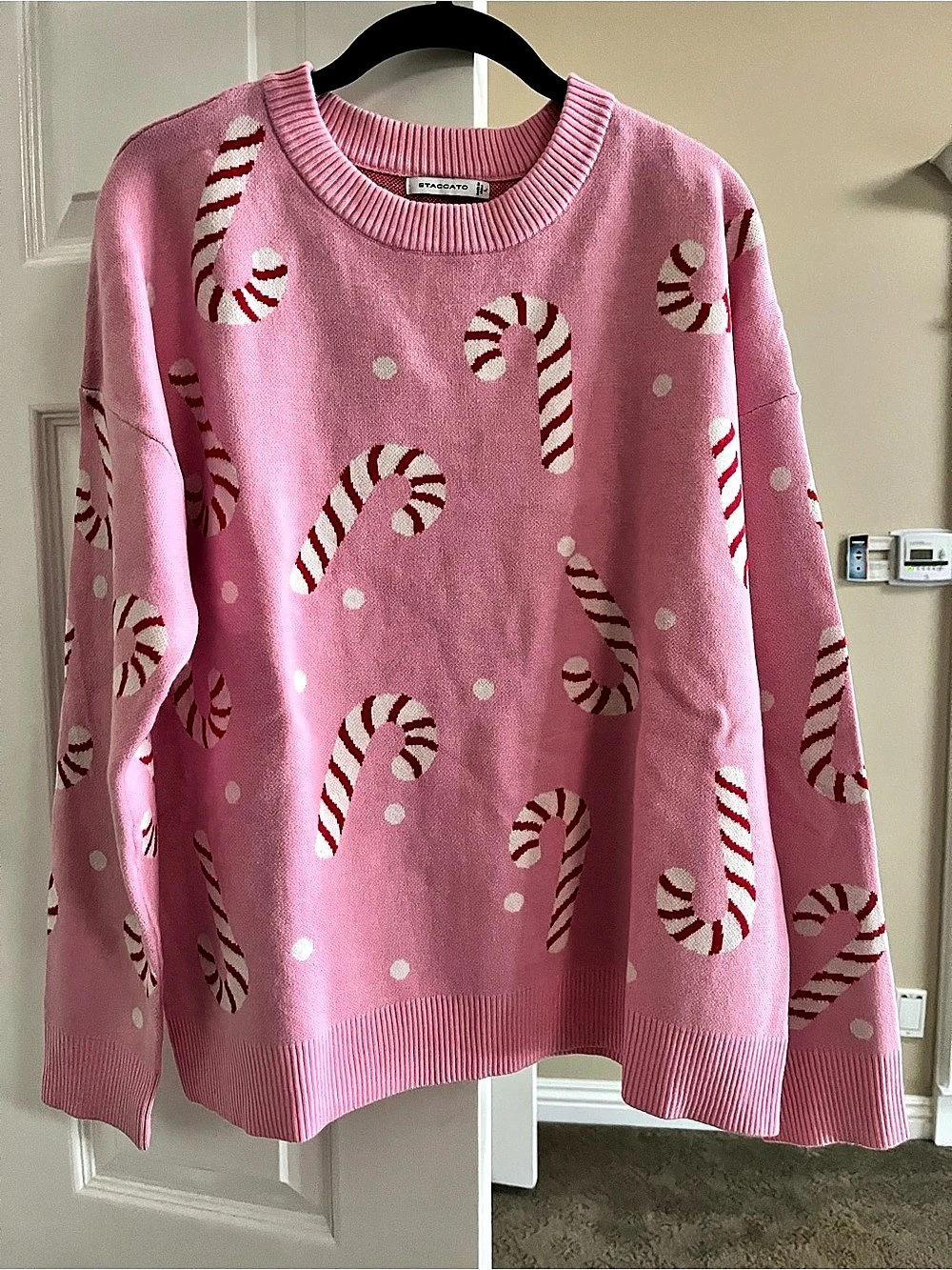 STACCATO Christmas Candy Cane Print Sweater Pink & Red Large